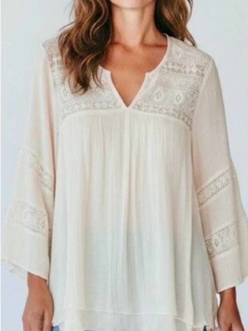 Studio JPR Sz L Bohemian crochet lace long sleeve flowy silhouette top | GUC